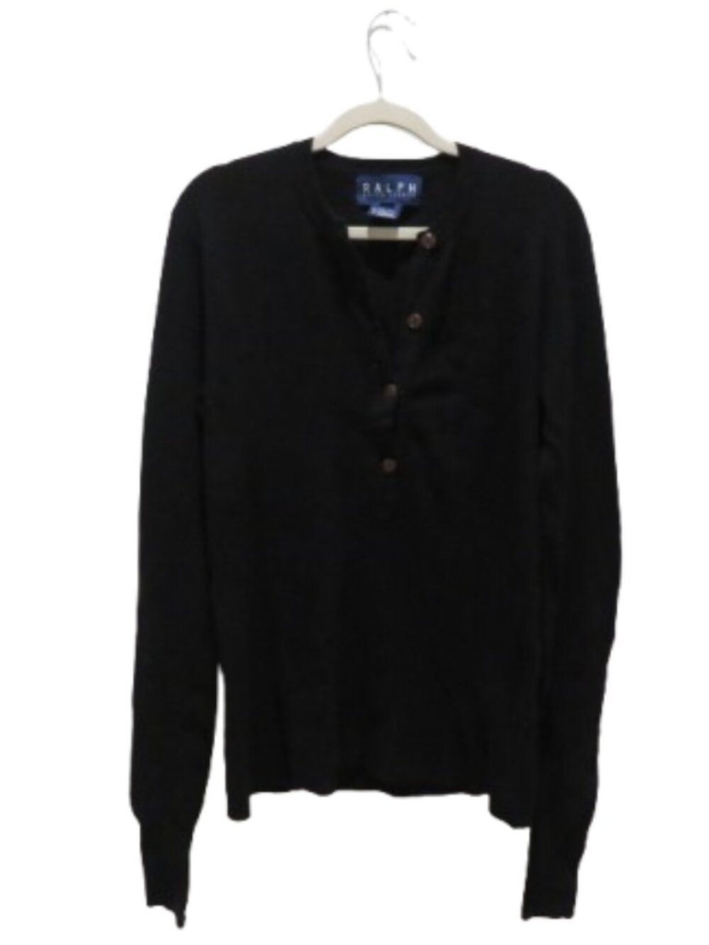 VINTAGE RALPH BY RALPH LAUREN Wool Blend Ribbed Henley Top in Black 90s Preppy